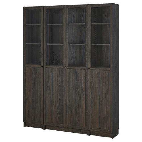 BILLY / OXBERG Bookcase comb w panel/glass doors, dark brown oak effect, 160x202 cm