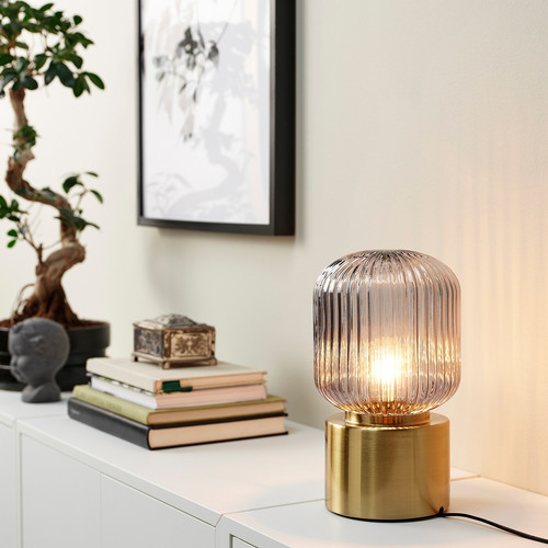 SOLKLINT Table lamp, brass, grey clear glass, 28 cm