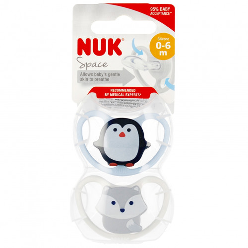 NUK Soother Pacifier Space 2pcs 0-6m, penguin/dog