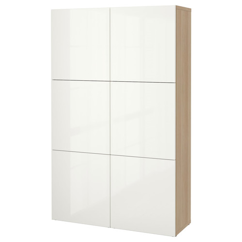 BESTÅ Storage combination with doors, white stained oak effect, Selsviken high-gloss white, 120x40x192 cm