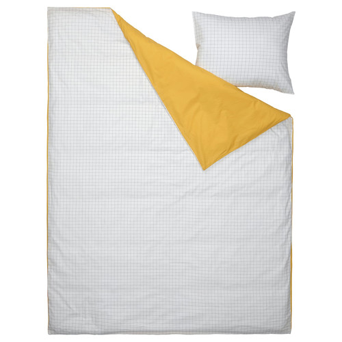 VÄNKRETS Duvet cover and pillowcase, check pattern white, yellow, 150x200/50x60 cm