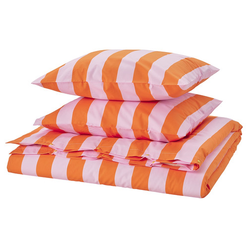 SLÅNHÖSTMAL Duvet cover and 2 pillowcases, orange/pink/striped, 200x200/50x60 cm