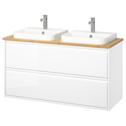 ÄNGSJÖN / BACKSJÖN Wash-stnd w drawers/wash-basin/taps, high-gloss white/bamboo, 122x49x71 cm