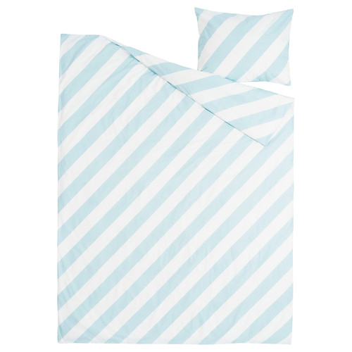 SLÖJSILJA Duvet cover and pillowcase, light blue/white/stripe, 150x200/50x60 cm