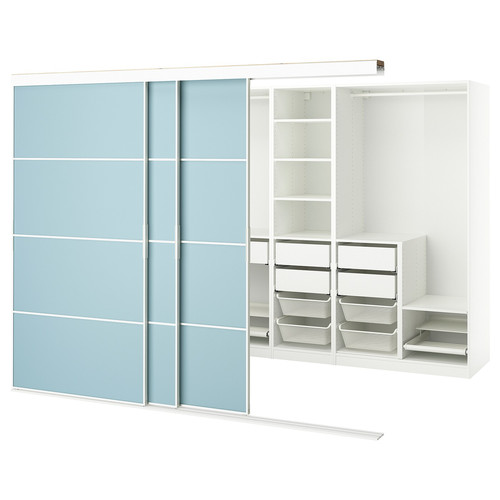 SKYTTA / PAX Walk-in wardrobe with sliding doors, white double sided/Mehamn light blue, 276x160x205 cm