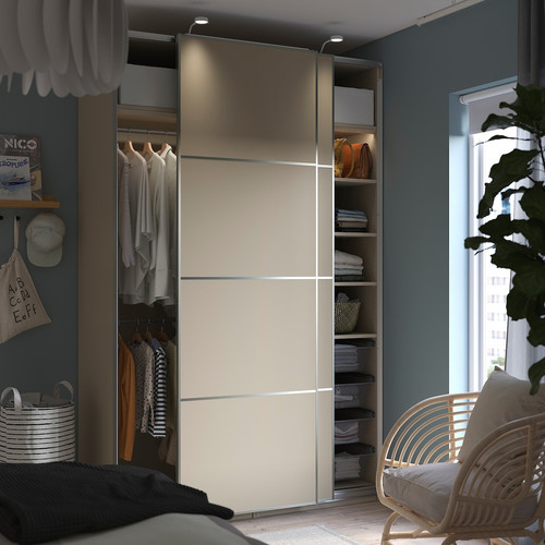 PAX / MEHAMN Wardrobe with sliding doors, grey-beige/double sided grey-beige, 150x66x236 cm