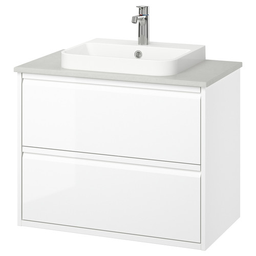 ÄNGSJÖN / BACKSJÖN Wash-stnd w drawers/wash-basin/tap, high-gloss white/grey stone effect, 82x49x71 cm