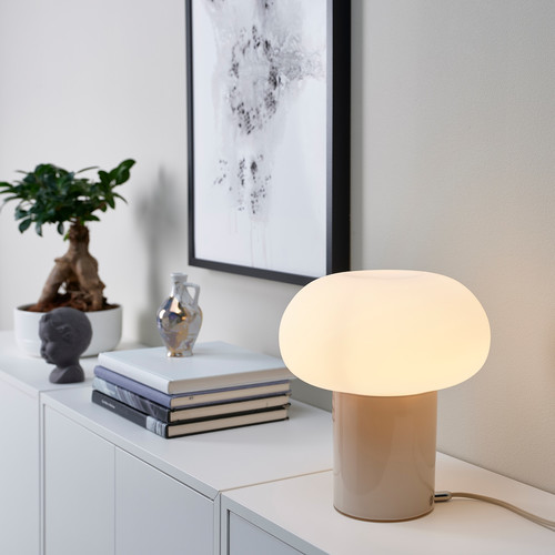 DEJSA Table lamp, beige, opal white glass, 28 cm