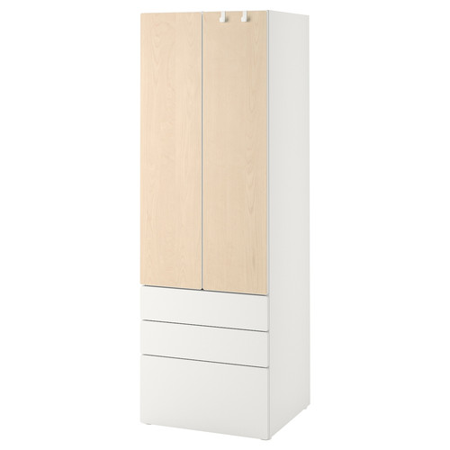 SMÅSTAD / PLATSA Wardrobe, white/birch with 3 drawers, 60x57x181 cm