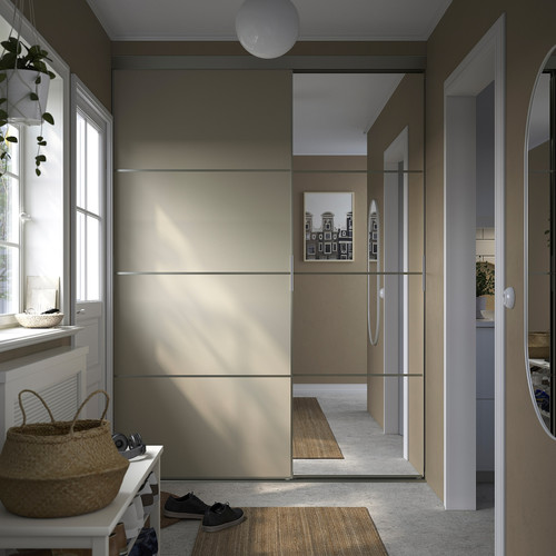 SKYTTA / BOAXEL Reach-in wardrobe with sliding door, aluminium Mehamn/Auli/grey-beige mirror glass, 177x65x240 cm