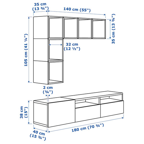 BESTÅ / EKET Cabinet combination for TV, white/black-brown/high-gloss/white, 180x42x170 cm