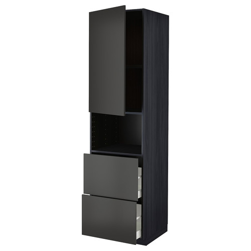 METOD / MAXIMERA Hi cab f micro w door/2 drawers, black/Nickebo matt anthracite, 60x60x220 cm