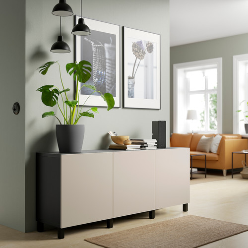 BESTÅ Storage combination with doors, black-brown/Lappviken/Stubbarp light grey-beige, 180x42x74 cm