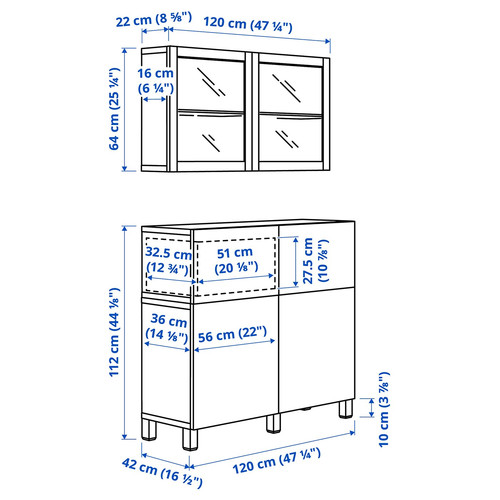 BESTÅ Storage combination w doors/drawers, white Lappviken/Stubbarp/light grey-beige clear glass, 120x42x213 cm