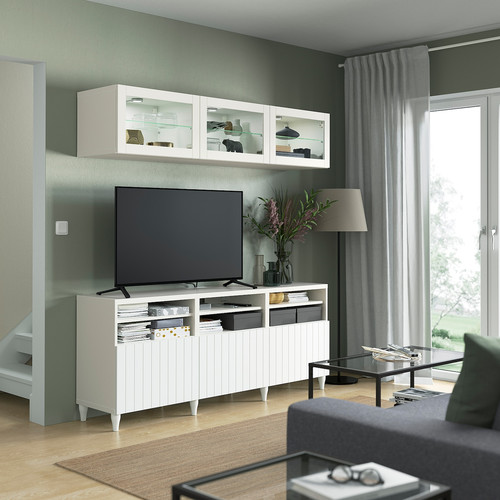 BESTÅ TV storage combination/glass doors, white/Sutterviken/Kabbarp white clear glass, 180x42x192 cm