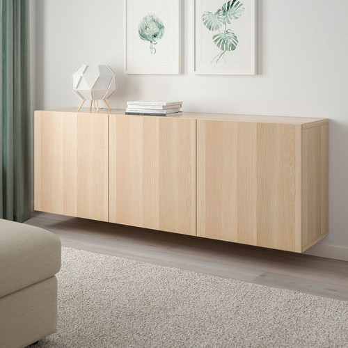 BESTÅ Wall-mounted cabinet combination, white stained oak effect/Lappviken white stained oak effect, 180x42x64 cm