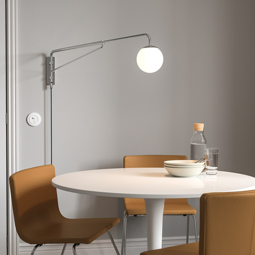 SIMRISHAMN Wall lamp with swing arm, chrome-plated/opal white glass