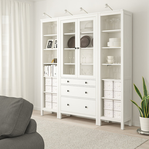 HEMNES Storage combination w doors/drawers, white stained, clear glass, 188x197 cm