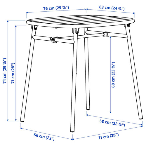 DUVSKÄR Table, outdoor, black-blue/eucalyptus, 76x63 cm