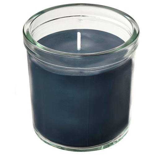 FRUKTSKOG Scented candle in glass, Vetiver & geranium/black-turquoise, 40 hr