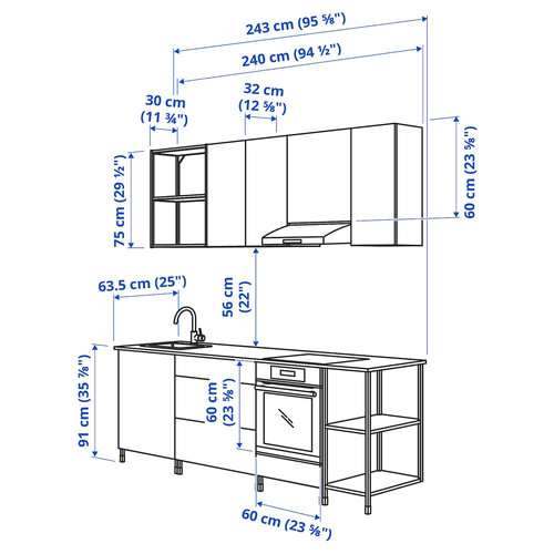 ENHET Kitchen, anthracite, white, 243x63.5x222 cm