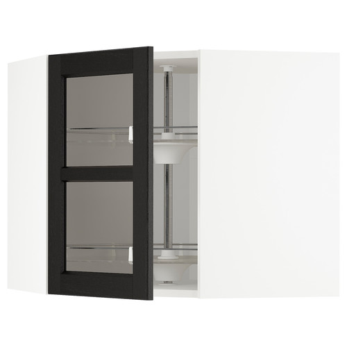 METOD Corner wall cab w carousel/glass dr, white/Lerhyttan black stained, 67.5x67.5x60 cm