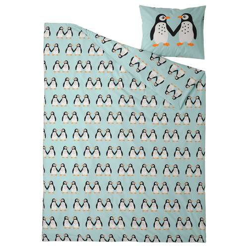 BLÅVINGAD Duvet cover and pillowcase, penguin pattern/light turquoise, 150x200/50x60 cm