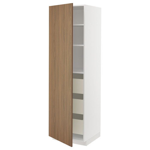 METOD / MAXIMERA Hi cab w 2 doors/4 drawers, white/Tistorp brown walnut effect, 60x60x200 cm