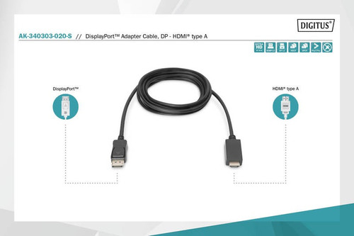 Digitus DisplayPort Adapter Cable, DP - HDMI type A 2m, black