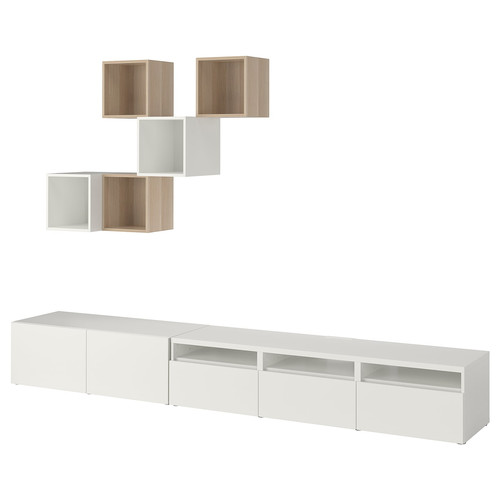 BESTÅ / EKET Cabinet combination for TV, white, white stained oak effect, 300x42x210 cm