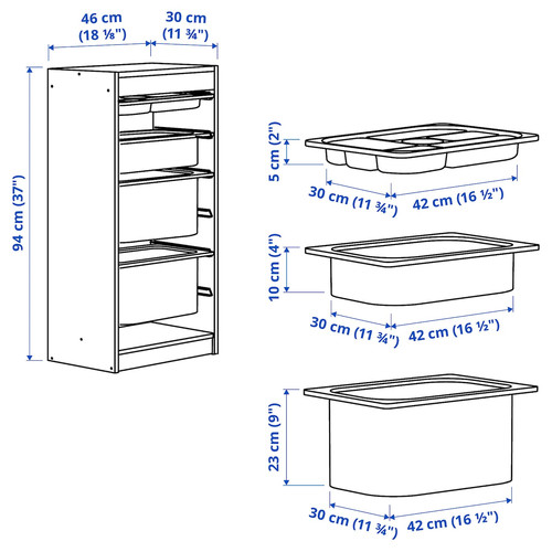 TROFAST Storage combination with boxes/tray, grey grey/white, 46x30x94 cm