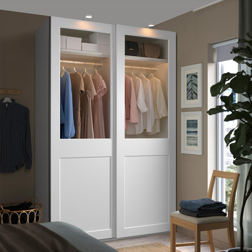 PAX / GRIMO Wardrobe with sliding doors, white/clear glass white, 150x66x236 cm