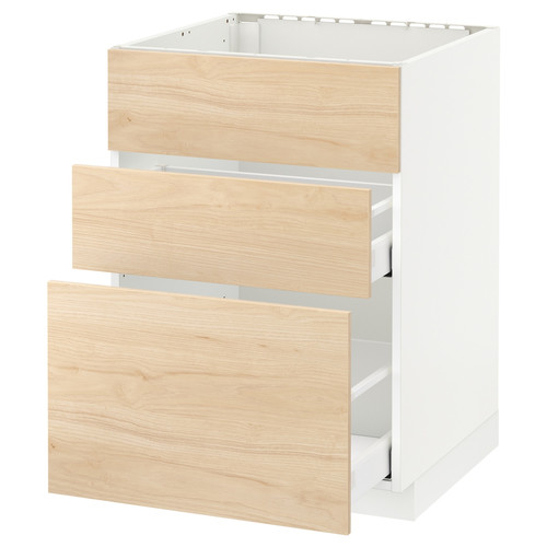 METOD / MAXIMERA Base cab f sink+3 fronts/2 drawers, white, Askersund light ash effect 60x60 cm