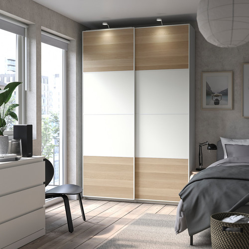 PAX / MEHAMN Wardrobe combination, white/double sided white stained oak effect, 150x44x236 cm