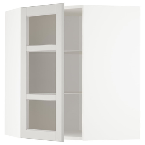 METOD Corner wall cab w shelves/glass dr, white/Lerhyttan light grey, 68x80 cm