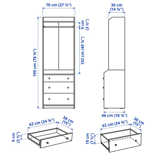 HAUGA Open wardrobe with 3 drawers, grey, 70x199 cm