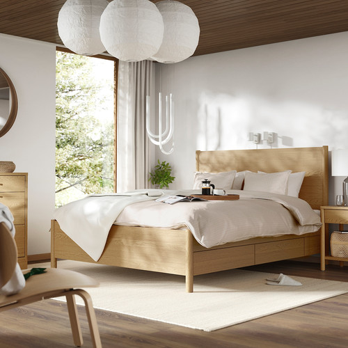 TONSTAD Bed frame with storage, oak veneer/Luröy, 140x200 cm