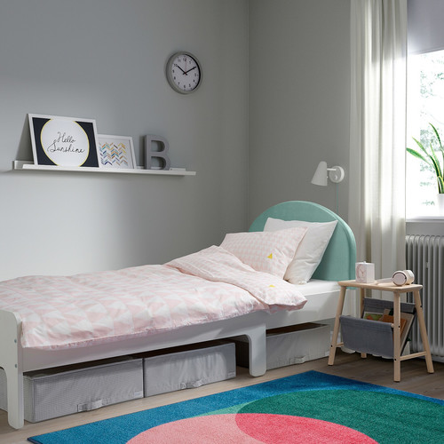 SLÄKT Ext bed frame with slatted bed base, white/pale turquoise, 80x200 cm