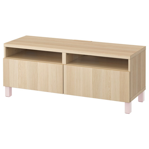 BESTÅ TV bench with drawers, white stained oak effect/Lappviken/Stubbarp pink, 120x42x48 cm