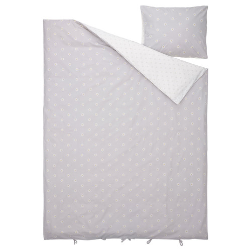 NATTSLÄNDA Duvet cover and pillowcase, floral pattern grey/white, 150x200/50x60 cm