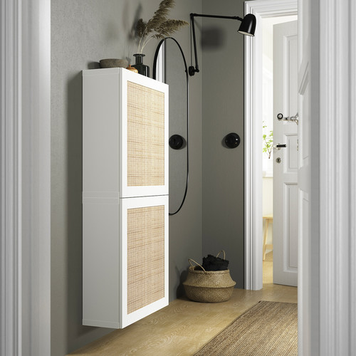 BESTÅ Wall cabinet with 2 doors, white Studsviken/white woven poplar, 60x22x128 cm