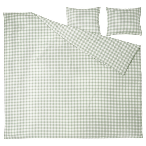 EKTANDVINGE Duvet cover and 2 pillowcases, pale grey-green white/check, 200x200/50x60 cm