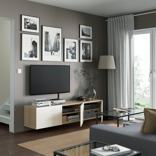 BESTÅ TV bench with doors, white stained oak effect, Selsviken high-gloss/white, 180x42x38 cm