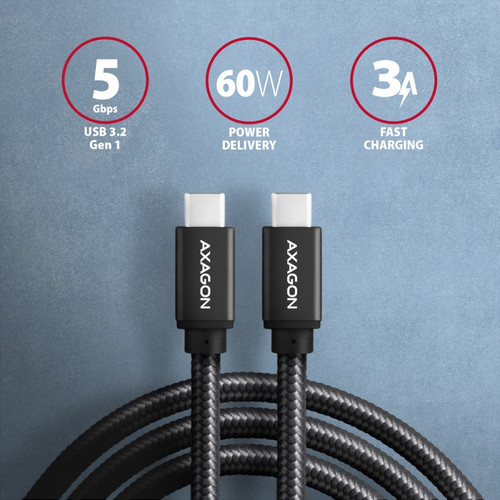 AXAGON BUCM3-CM10AB cable USB-C USB-C 3.2 Gen 1, 1m, PD 60W, 3A, ALU, braid, Black