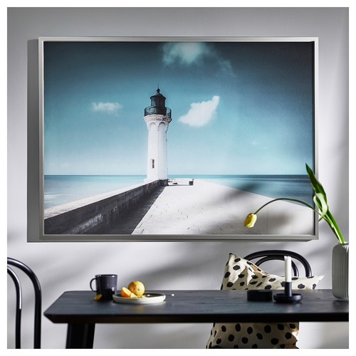 BJÖRKSTA Picture with frame, white lighthouse/aluminium-colour, 140x100 cm