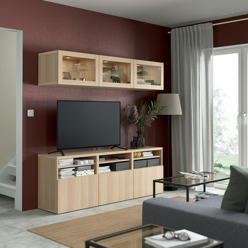 BESTÅ TV storage combination/glass doors, white stained oak effect/Lappviken white stained oak eff clear glass, 180x42x192 cm