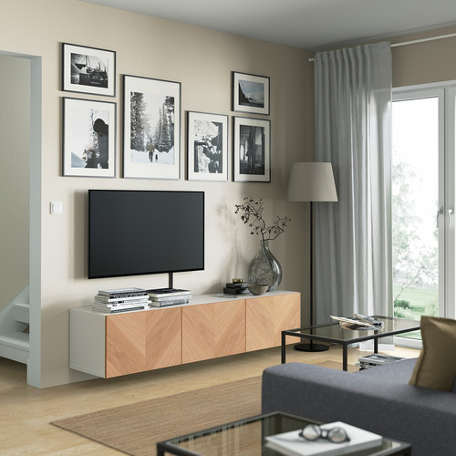 BESTÅ TV bench with doors, white, Hedeviken oak veneer, 180x42x38 cm