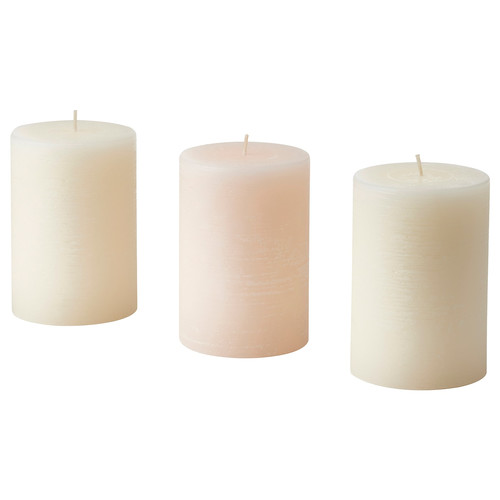 JÄMLIK Scented pillar candle, Vanilla/light beige, 30 hr