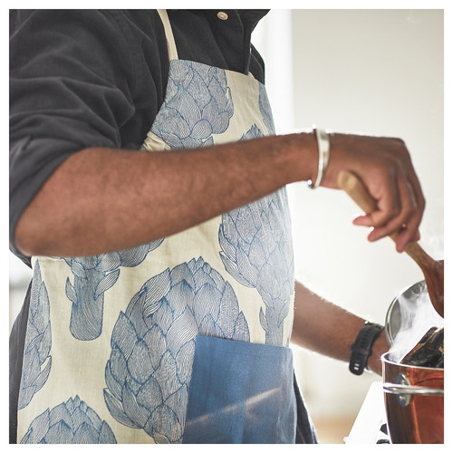 KÅLFJÄRIL Apron, patterned blue/light beige, 67x85 cm