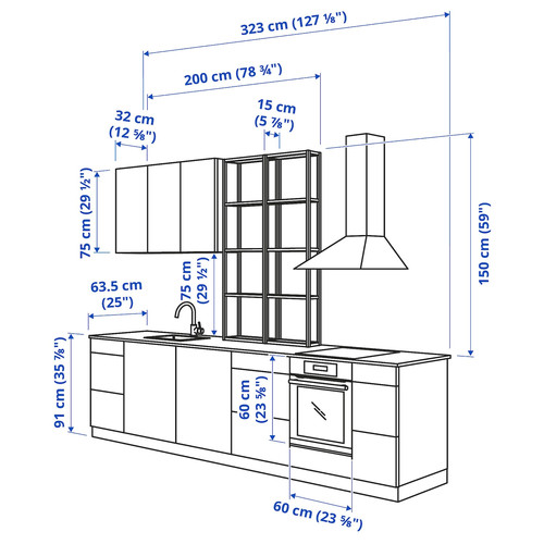 ENHET Kitchen, white/oak effect white, 323x63.5x241 cm